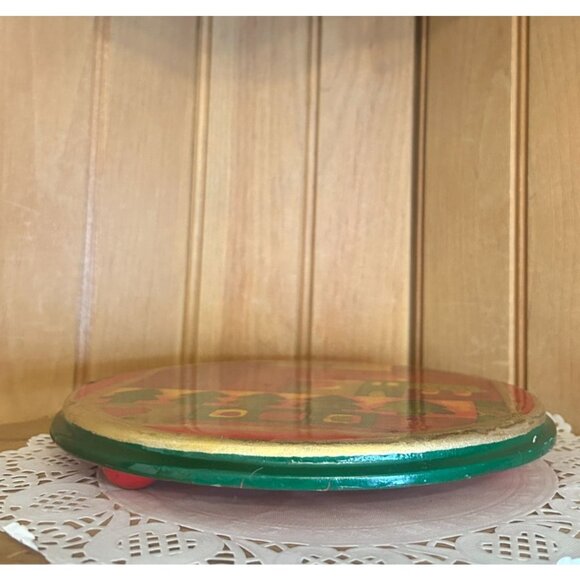 Vintage Wooden Trivet Abstract Christmas Design Red Green Gold Round 7.5 Inches - Picture 3 of 4